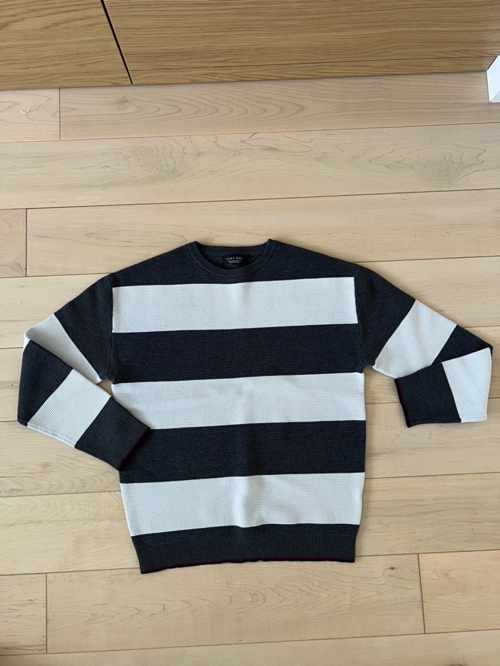 Men's Grey and White Striped Crewneck Sweater